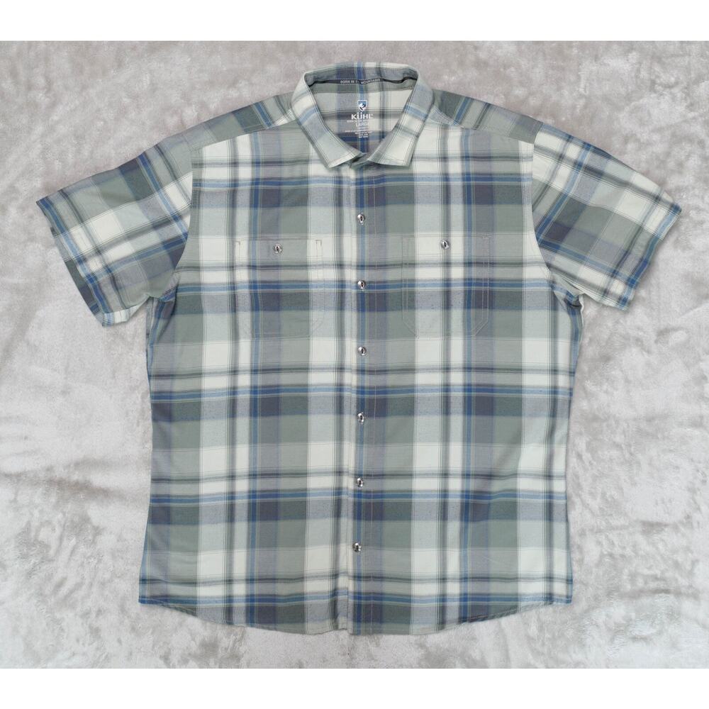 Kuhl Elixir Tapered Fit Short Sleeve Button Up Blue Green Plaid Shirt Mens L